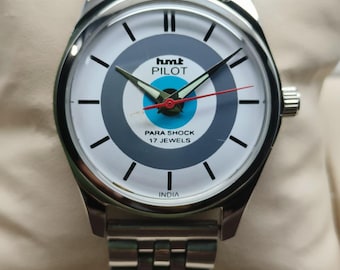 Reloj de pulsera vintage HMT Pilot mecánico de cuerda manual con esfera blanca y 17 joyas para hombre