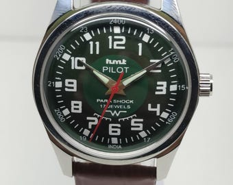 Relógio de pulso masculino vintage HMT Pilot mecânico com corda manual e mostrador verde, 17 joias