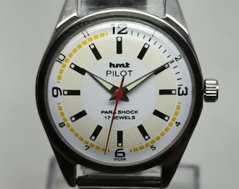 Reloj mecánico vintage HMT Pilot: 17 joyas, esfera blanca, acero inoxidable