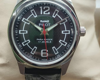 Reloj de pulsera vintage HMT Pilot para hombre, 17 joyas, esfera negra, movimiento de cuerda manual