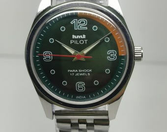 Relógio de pulso masculino vintage HMT Pilot mecânico com corda manual e mostrador verde, 17 joias