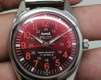 Vintage HMT Pilot Mechanical Hand winding Red Dial 17 Jewels Men's Wrist Watch