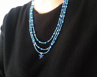 Blue Sparkle Bead Dragonfly Necklace