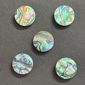 May include: Five iridescent abalone shell cabochons. The round, polished shells display a range of colors including green, blue, purple, and gold. The shells are arranged on a dark gray surface, showcasing their natural patterns and textures.