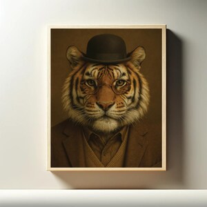 Op de afbeelding: Een ingelijste print met een tijger met een bolhoed, een ronde bril, een bruine jas en een vest. De vacht van de tijger is oranje en zwart. De achtergrond is effen bruin.