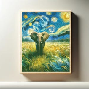 Op de afbeelding: Een ingelijste kunstdruk met een olifant die in een veld staat onder een wervelende nachthemel. Het kunstwerk gebruikt een levendig kleurenpalet van blauw, geel en groen, dat doet denken aan een beroemde schilderstijl.