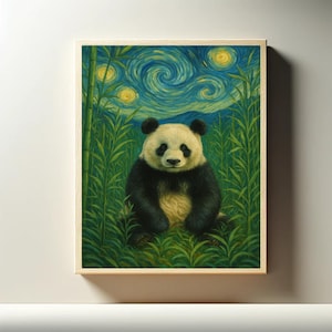Op de afbeelding: Een ingelijste kunstdruk met een panda in een bamboebos onder een sterrenhemel. De panda heeft zwart-witte vacht en wordt omringd door groene bamboestengels. De lucht is een wervelend blauw en geel, in de stijl van Van Gogh.