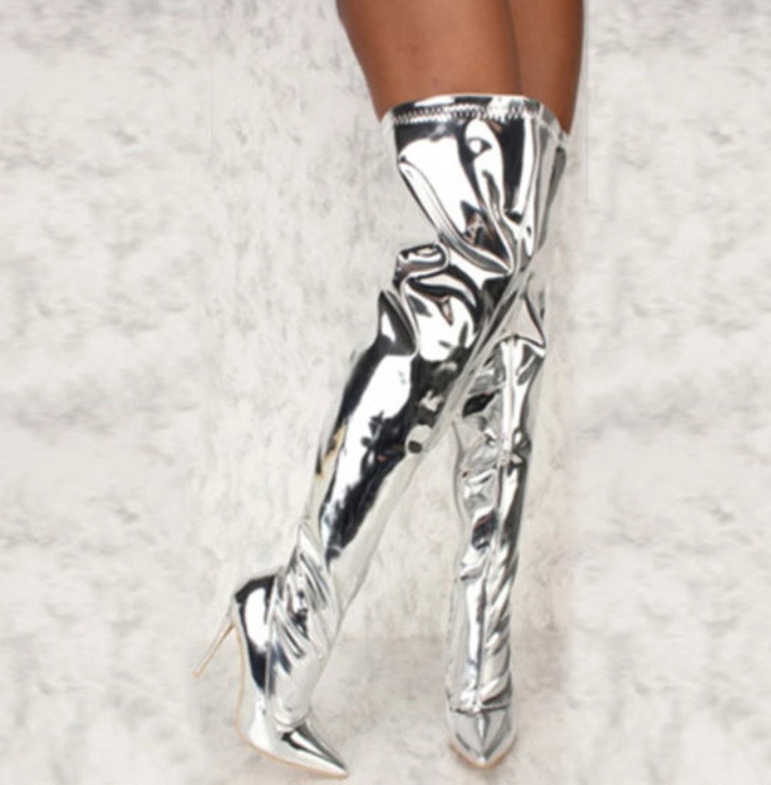 Women Sexy Silver Mirror Thigh High Boots T Show Pointy Toe Etsy