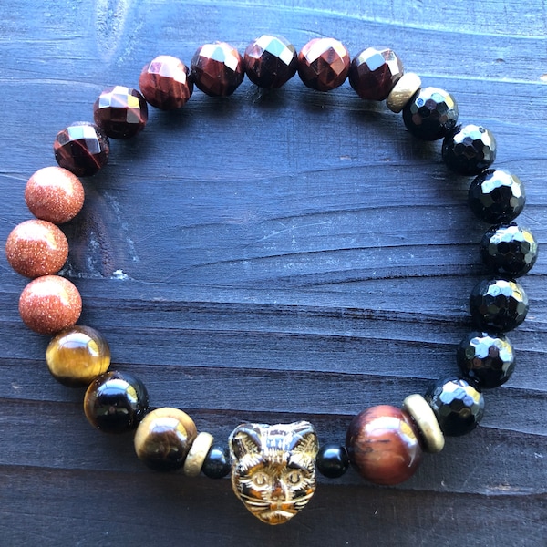 Egyptian Goddess Bastet Bast Gemstone Stretch Bracelet 7.5" Wrist (Protection & Self-Love)