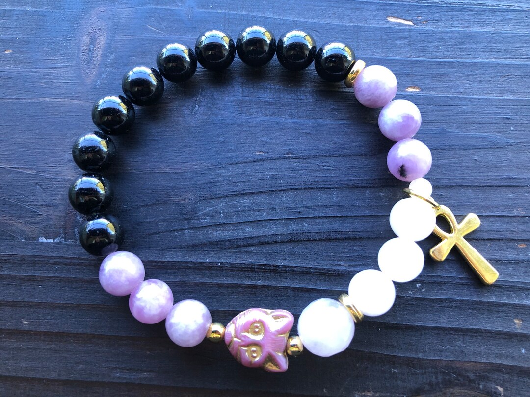 Egyptian Goddess Bastet Bast Gemstone Stretch Bracelet Lepidolite Rose
