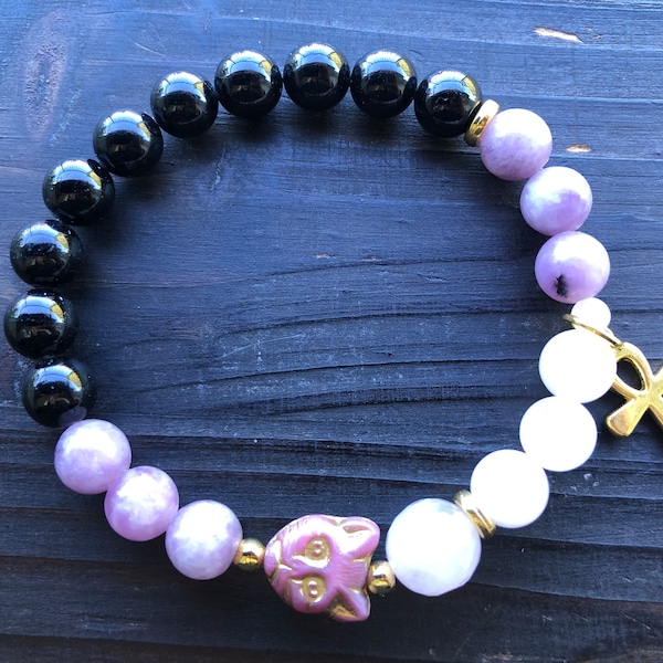 Egyptian Goddess Bastet Bast Gemstone Stretch Bracelet Lepidolite - Rose Quartz - Black Onyx - Ankh Charm - Cat Gifts - 7.5" Wrist