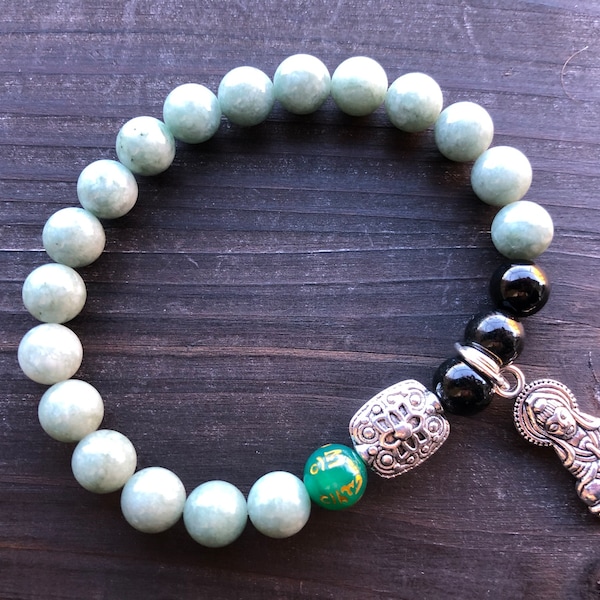 Quan Yin Kwan Yin Guan Yin Buddhist Goddess of Compassion & Mercy Gemstone Stretch Bracelet 7.5" Berma Jade (Heart truths Well-being)