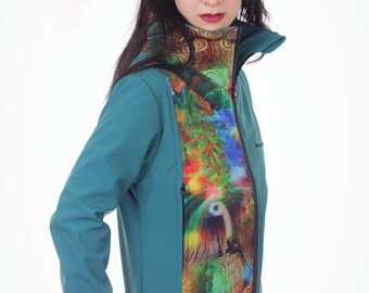 Petrol-coloured outdoor jacket with peacock feather pattern