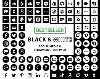 Social Media Icons Sale! - Black & White - 2023 60 Icons, E-commerce, Brands - Transparent PNG / SVGS for print, digital, business, and more