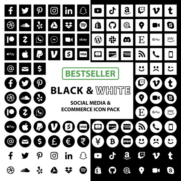 Social Media Icons Sale! - Black & White - 2023 60 Icons, E-commerce, Brands - Transparent PNG / SVGS for print, digital, business, and more