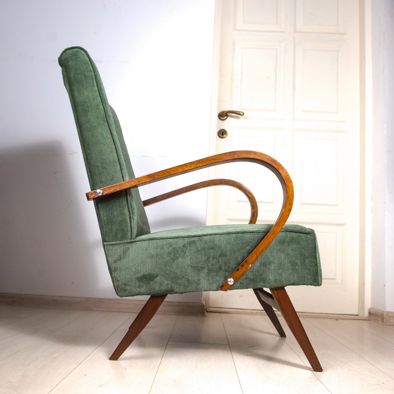 vintage armchair halabala ,sage green upholstery, bent wood armrests