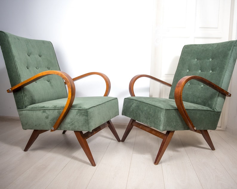halabala armchairs , sage green upholstery, vintage and restored.