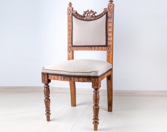 Antique French Louis XVI Style Walnut Chair, Carved Wood Accent Chair, Neoclassical Dining Chair, Vintage European Side Chair