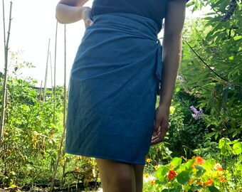 Blue lightweight denim wrap skirt, hand sewn skirt, adjustable waist.