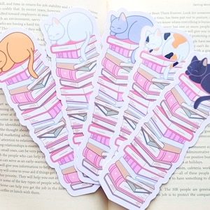 Pink Cat Book Stack Bookmark: Laminated Cardstock