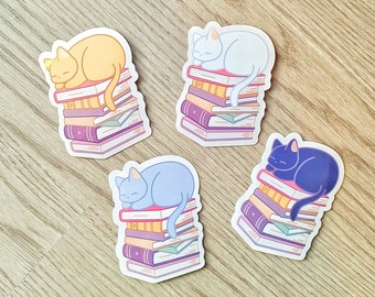 Sleeping Cat Book Stack Sticker: Cozy Book Lover Gift