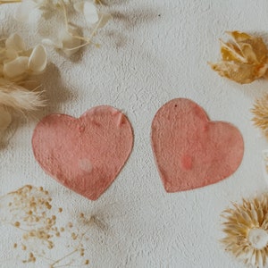 May include: Two pink heart-shaped paper decorations on a white background with dried flowers and other decorative elements.