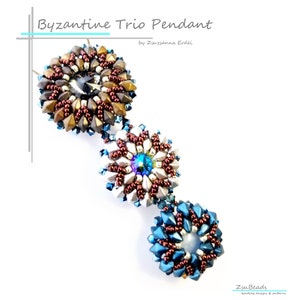 May include: A trio of beaded pendants in a Byzantine style, featuring a brown, silver, and blue color scheme. The pendants are strung together on a wire and have a crystal-like bead in the center of each.