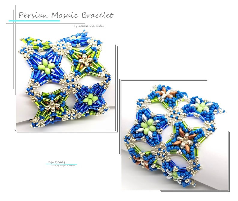 May include: A blue, green, silver and brown beaded bracelet with a geometric pattern. The bracelet is made of small seed beads and is designed to look like a mosaic. The bracelet is called "Persian Mosaic Bracelet" by Zsuzsanna Erdei.