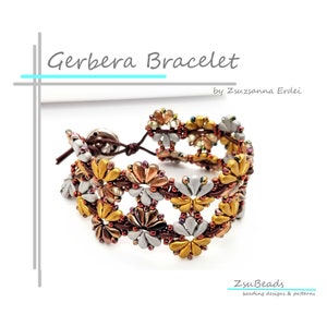 May include: A beaded bracelet with a floral design in shades of gold, silver, and brown. The bracelet is made with small seed beads and features a clasp closure. The bracelet is called "Gerbera Bracelet" and is by Zsuzanna Erdei.