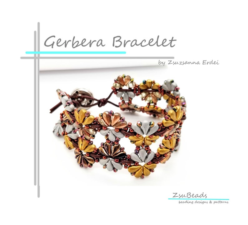 May include: A beaded bracelet with a floral design in shades of gold, silver, and brown. The bracelet is made with small seed beads and features a clasp closure. The bracelet is called "Gerbera Bracelet" and is by Zsuzanna Erdei.