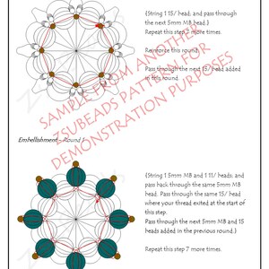 May include: Diagram showing how to create a beaded embellishment. The diagram shows a circle of teal beads with brown beads in between. The diagram includes instructions for stringing the beads.