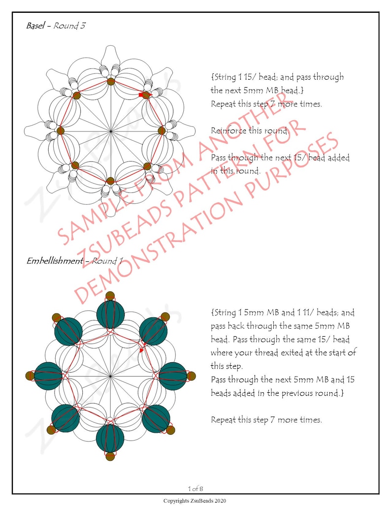 May include: Diagram showing how to create a beaded embellishment. The diagram shows a circle of teal beads with brown beads in between. The diagram includes instructions for stringing the beads.