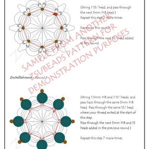 May include: Diagram showing how to create a beaded embellishment. The diagram shows a circle of teal beads with brown beads in between. The diagram includes instructions for stringing the beads.