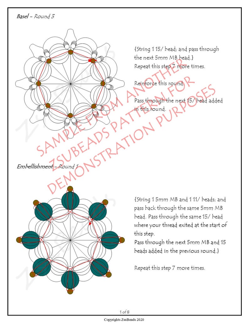 May include: Diagram showing how to create a beaded embellishment. The diagram shows a circle of teal beads with brown beads in between. The diagram includes instructions for stringing the beads.