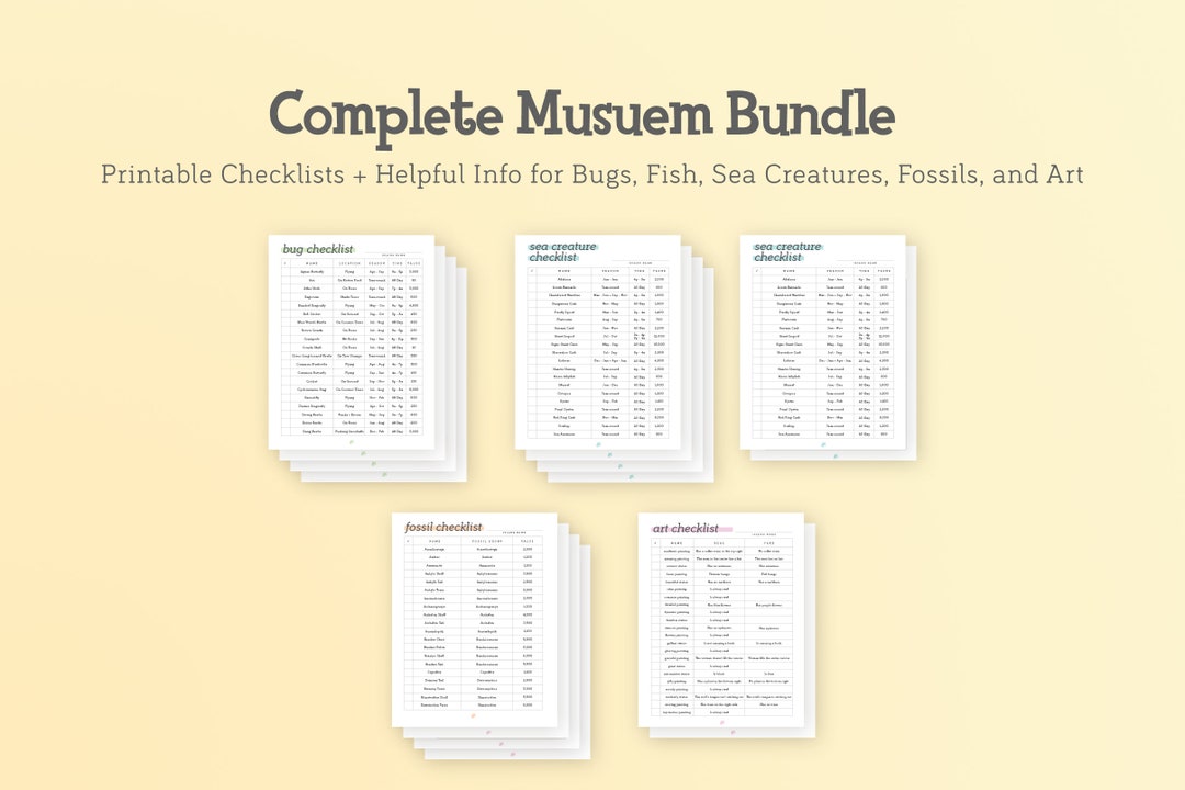 Minimalist ACNH Complete Museum Checklist Bundle Printable Bug, Fish, Sea Creature, Fossil Art
