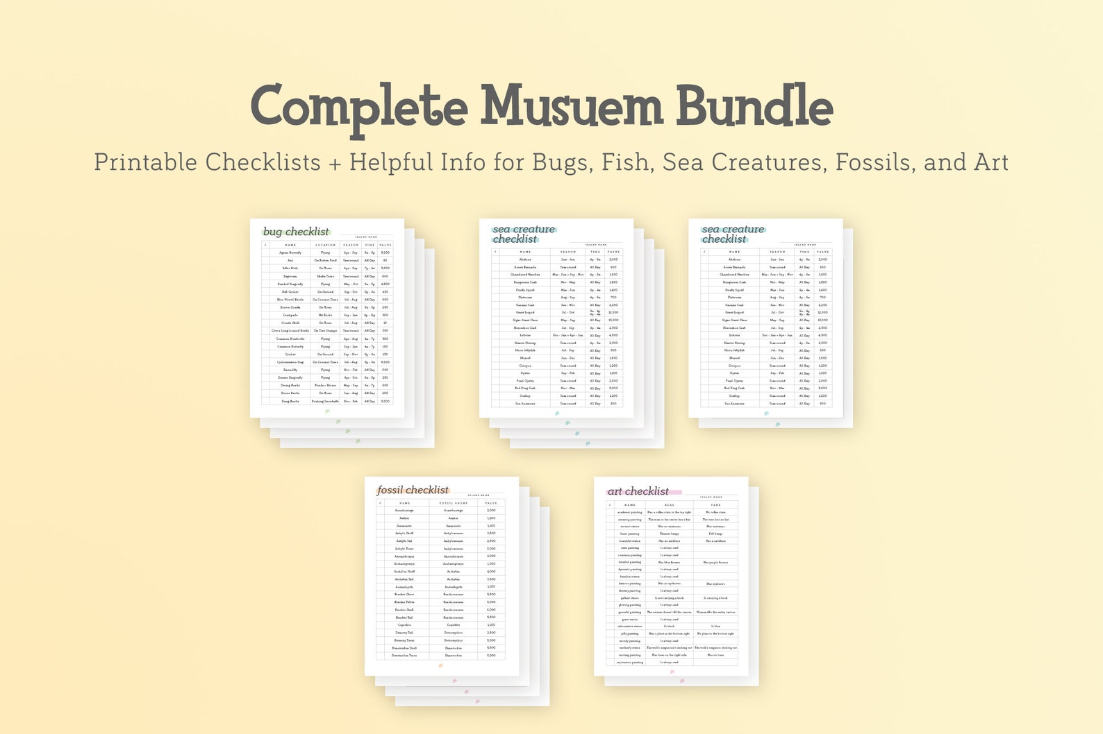 Minimalist ACNH Complete Museum Checklist Bundle Printable Bug, Fish