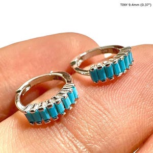 Turquoise Huggie Hoop Earrings, Tiny 9.4mm Baguette CZ, 925 Sterling Silver Mini Hoops, Dainty Stackable Gift
