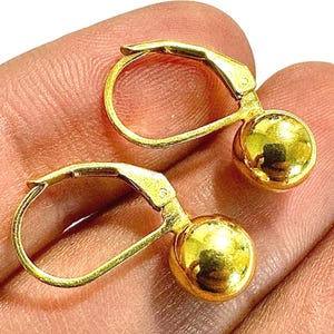 Gold Ball Leverback Earrings, 8mm Gold Plated Dangle Drops