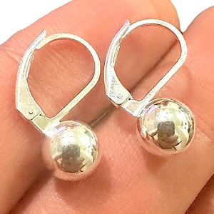Elegant Sterling Silver Leverback Earrings, 925 Silver Ball Drop Earrings 8mm, Minimalist Everyday Gift