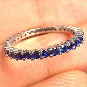 Beautiful Blue Sapphire Eternity Band 925 Sterling Silver 2 mm Ring Rhodium Plated Dainty Stackable Promise Wedding Gift for Women