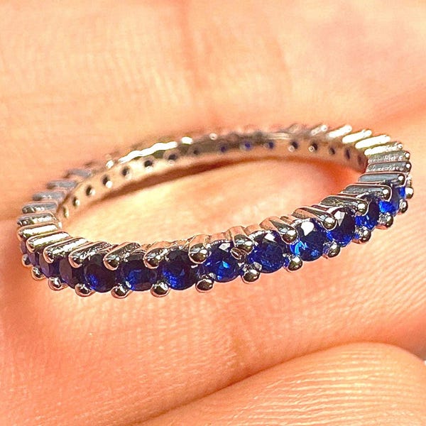 Beautiful Blue Sapphire Eternity Band 925 Sterling Silver 2 mm Ring Rhodium Plated Dainty Stackable Promise Wedding Gift for Women