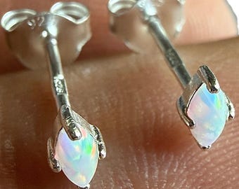 Pendientes de botón de ópalo de plata de ley 925, marquesa cultivada en laboratorio, 2 x 4 mm, pequeño, hipoalergénico, regalo para ella.