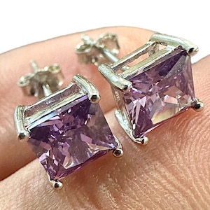 Amethyst Stud Earrings 6MM – Princess Cut Sterling Silver 925 Studs for Women