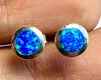 Blue Opal Stud Earrings, Lab-Created Opal, 925 Sterling Silver Round Bezel, Minimalist October Birthstone Gift