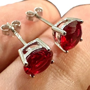 6mm Round Ruby Stud Earrings 925 Sterling Silver • Red Dainty Studs for Women • July Birthstone Jewelry Gift • Minimalist Silver Earrings