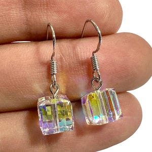 Aurora Borealis Crystal Cube Earrings • 18k White Gold Plated Drop Hooks • Rainbow Dangle Earrings for Women • Gift Jewelry Minimalist