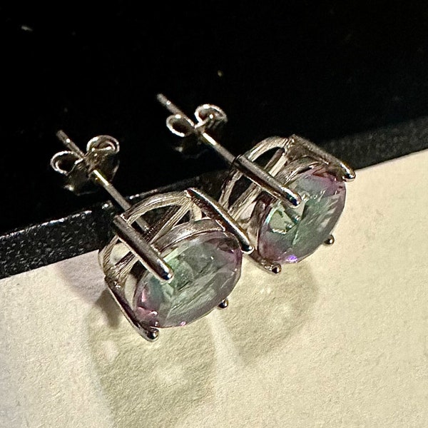 925 Sterling Silver Rainbow Mystic Topaz Stud Earrings for Women 6MM Birthstone Gift