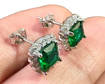 Emerald Earrings Stud Sterling Silver 925, Cushion Cut Earrings, 9.9mm Emerald and White Topaz Halo Earrings, Stud Earrings for Women