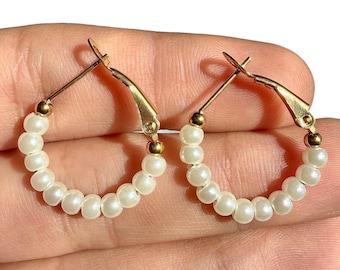 Pearl Hoop Earrings, 20mm Gold Plated Stainless Steel Simulated Pearl Hoops, Everyday Gift for Her