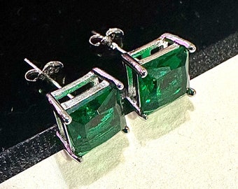 925 Sterling Silver Princess Cut Emerald Stud Earrings for Women 6MM Gift  Birthstone